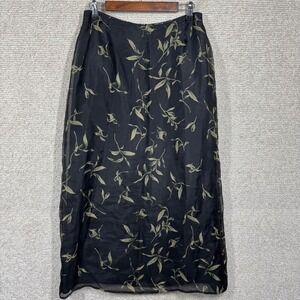 Liz Claiborne Collection Silk Maxi Skirt Women's 12 Black Leaf Print Y2K‎ Style